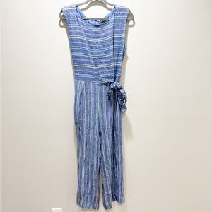 Tahari Blue Striped Sleeveless Jumpsuit with Waist Tie Lightweight Vacation 16